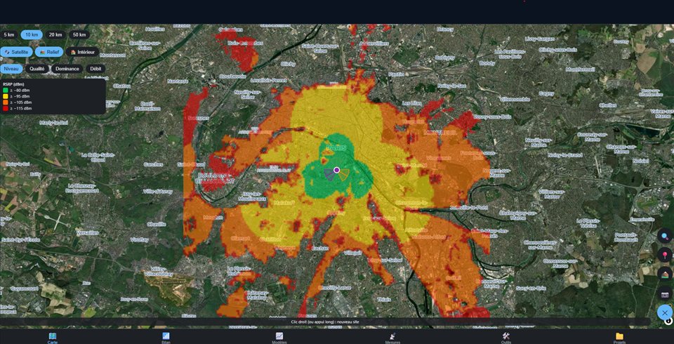 Cell Coverage Planner displaying an RF coverage map with site and antenna parameters